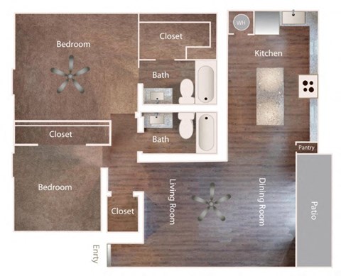 Floor plan for 2 beds, 2 baths, 951 sqft